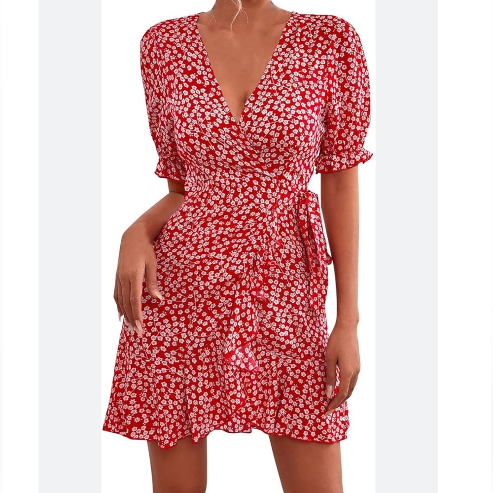 LUCKY LEAVES FLORAL RED/WHITE SUMMER DRESS